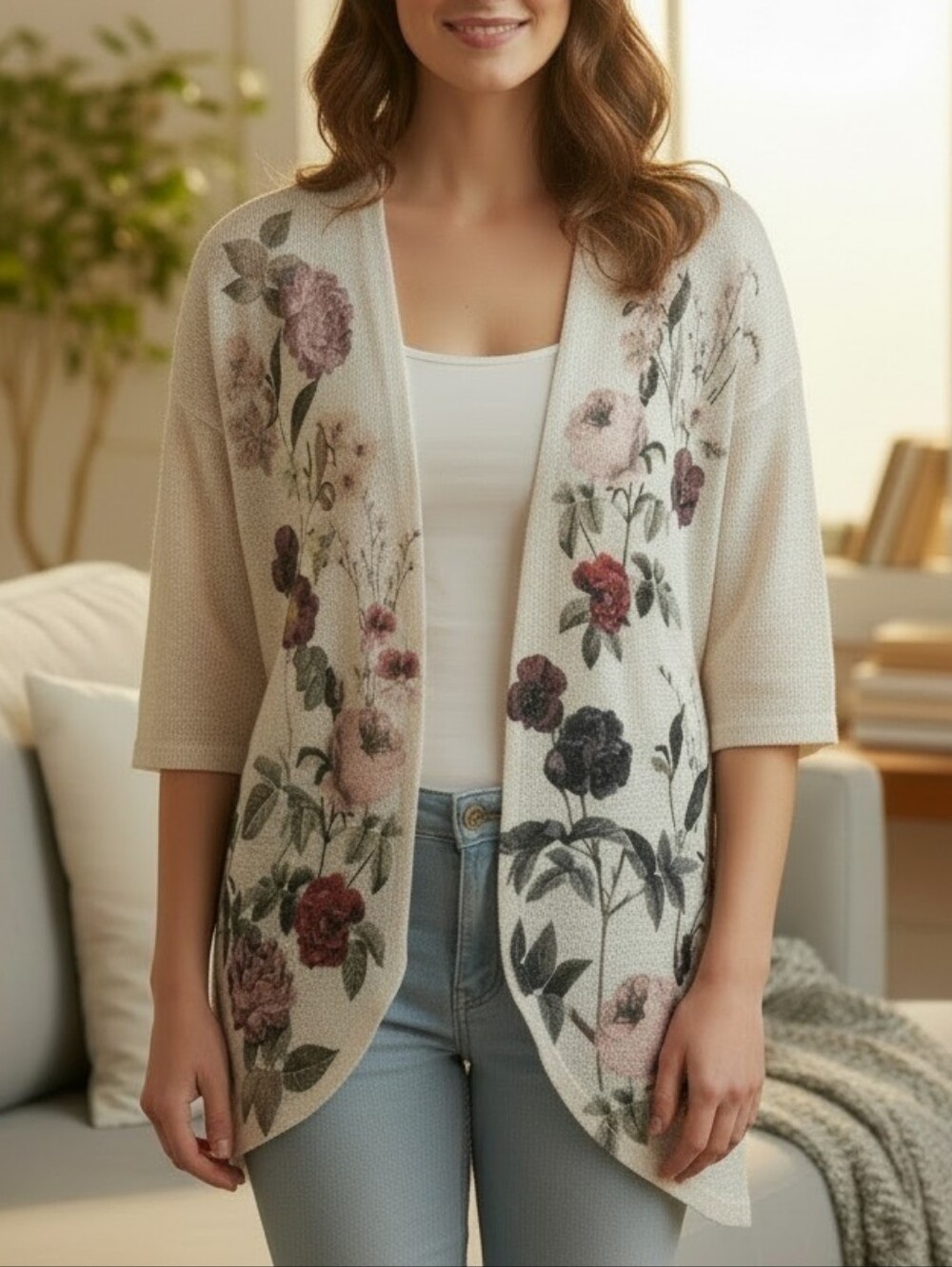 Live in the Moment Floral Open Front Cardigan Larg Beige Cottagecore 3/4 Sleeve